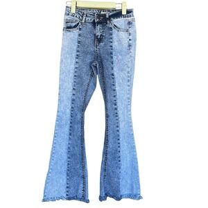 Bamboo Jeans Junior Size 3 Blue Patchwork Flare Raw Hem Front Seam Y2K Boho